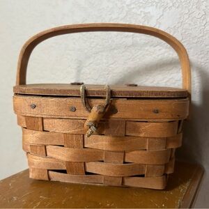 Small Longaberger Woven Wooden Handled Basket with Loop Closure in Warm Brown
